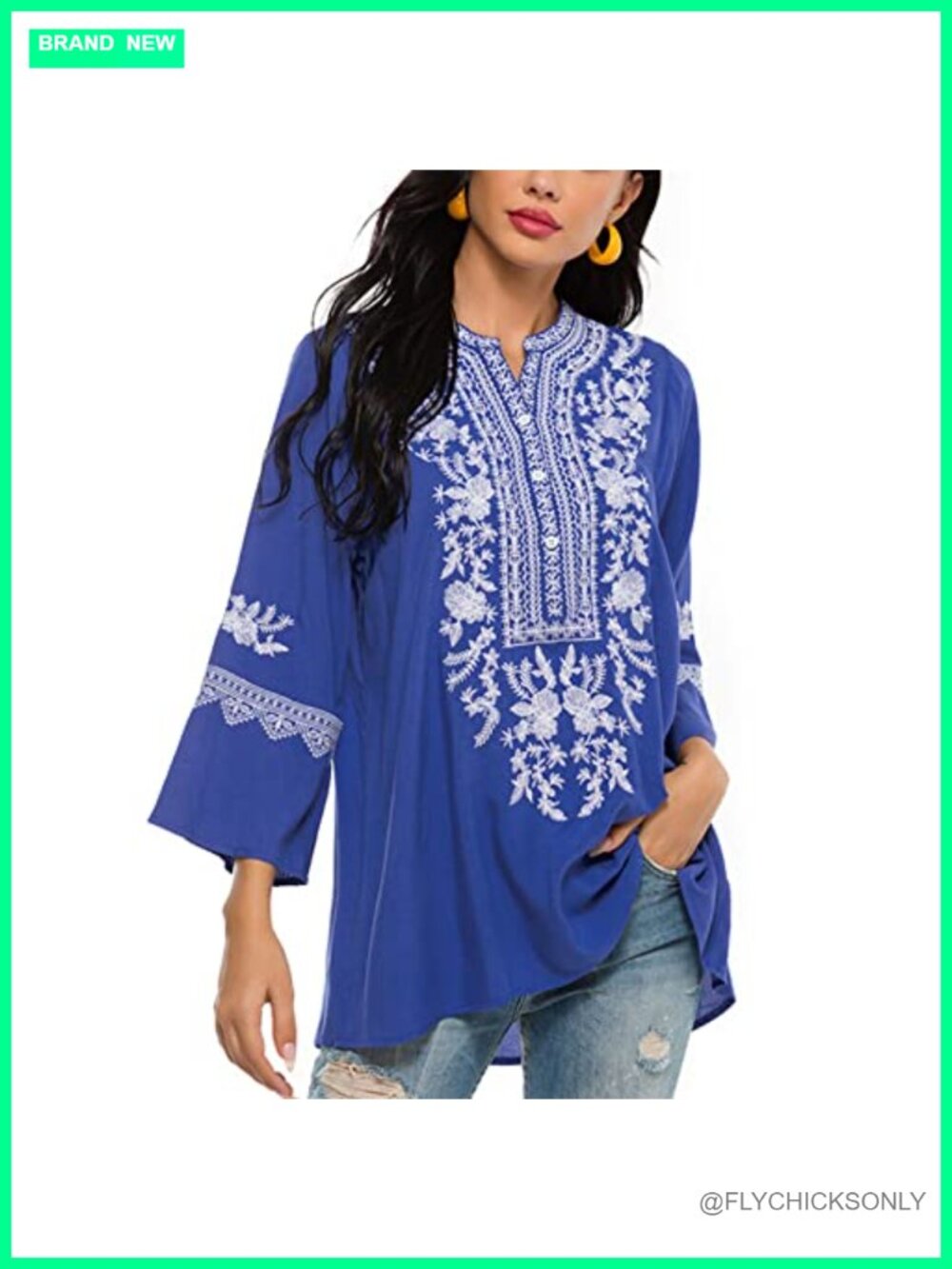 Women's Mexican Embroidered Peasant Tunic Top 3/4 Sleeve V-Neck Rayon Floral